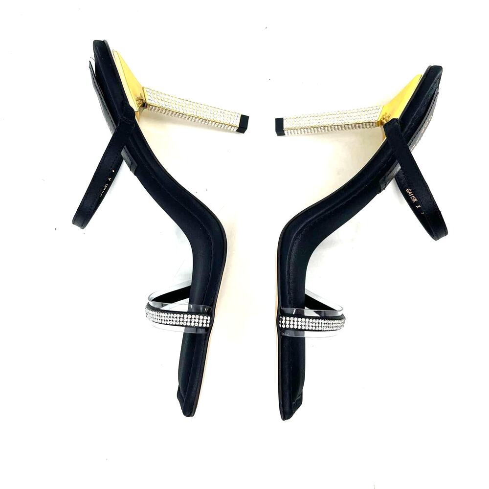 Good American Open Square Toe Rhinestone Strappy Heels Black Satin Size 9 NIB - Picture 3 of 8
